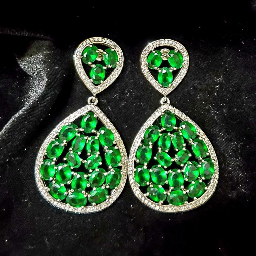 Large Green Teardrop Dangle Sterling Silver 925 Earring